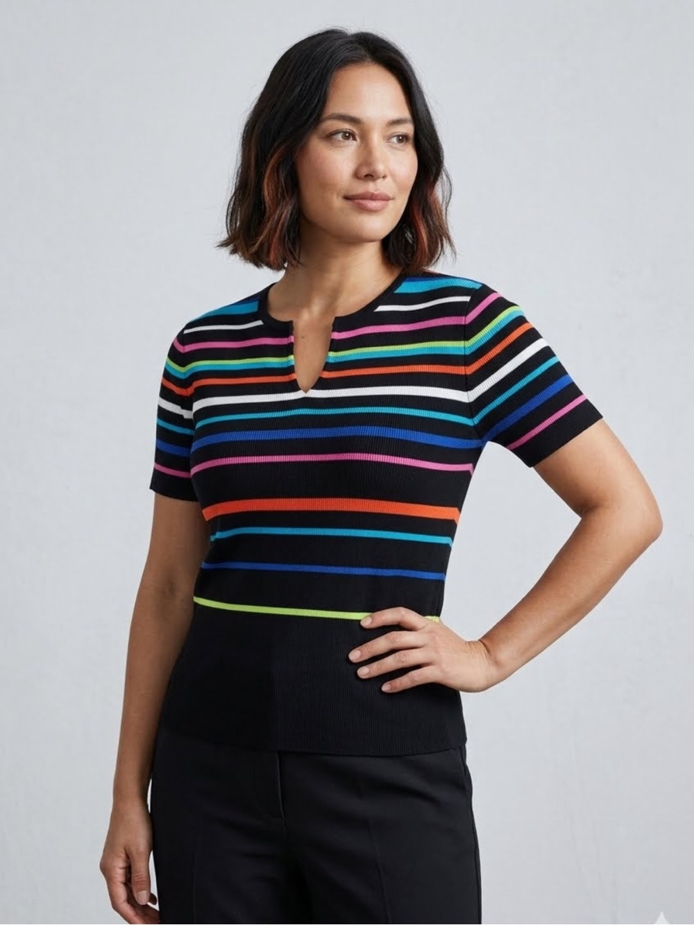 Designer Originals Rainbow 🌈 Stripe Black Y2K Sweater Short Sleeve Top Cotton S